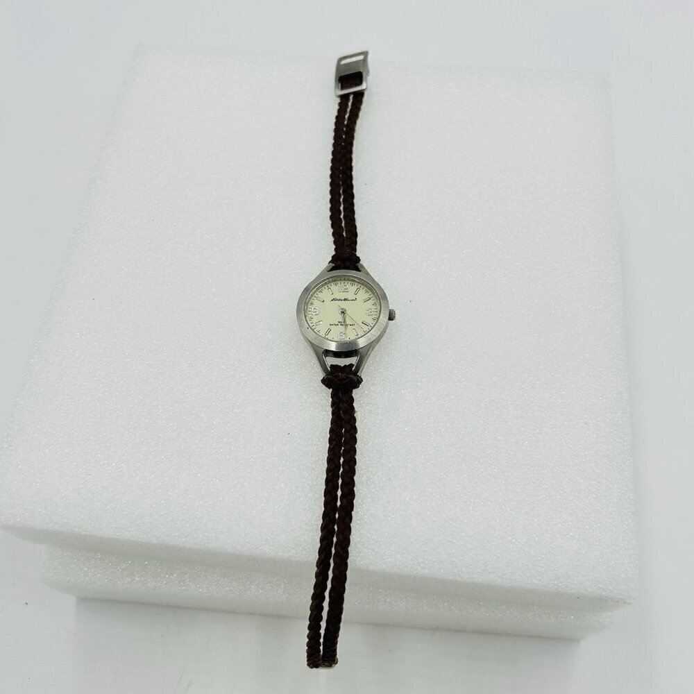 Eddie Bauer Women's Round Brushed Metal Watch V8V121 with Brown Braided Band